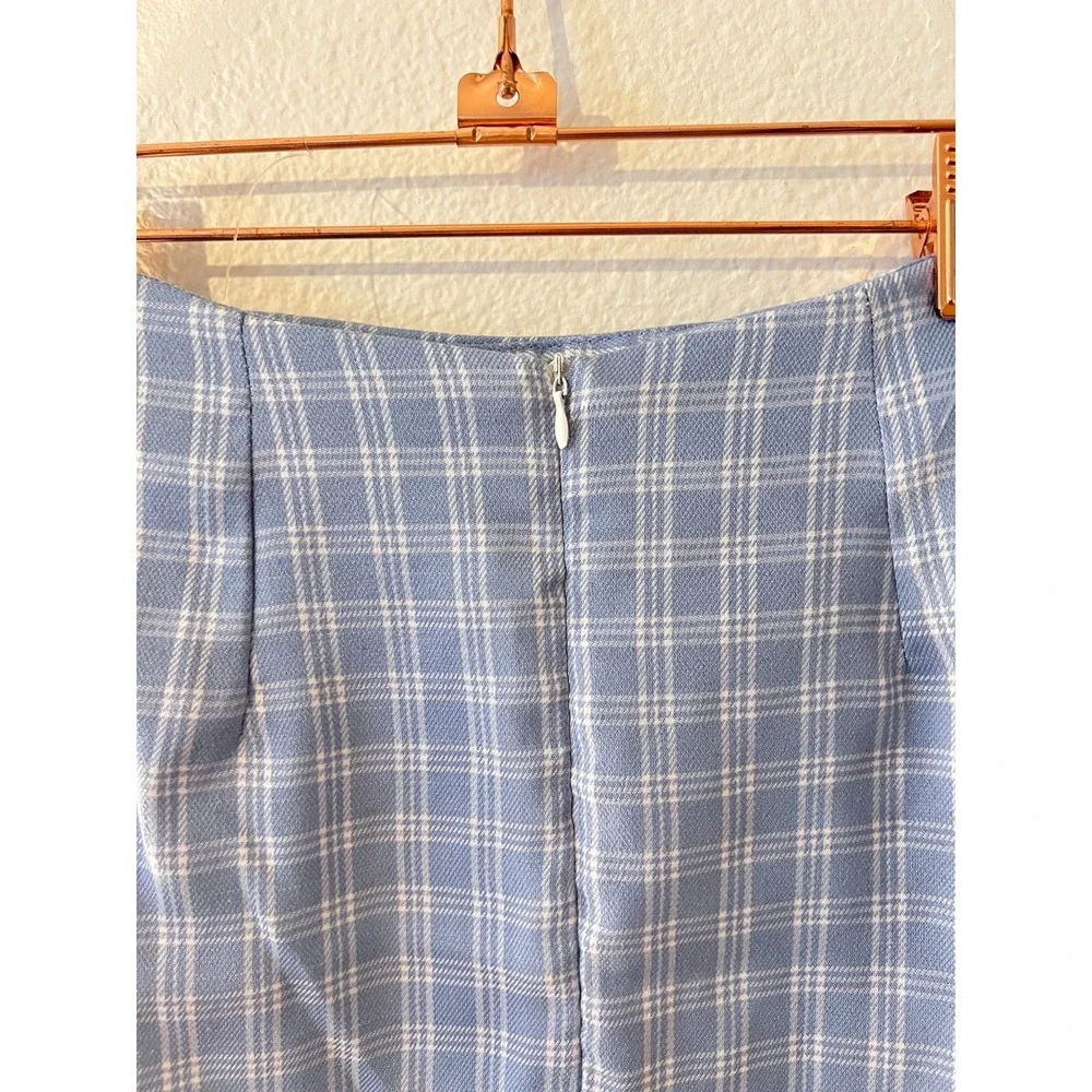 Shein Womens Blue Plaid Mini Skirt‎ sz S Uniform Old Money 90s Spring Slit Soft